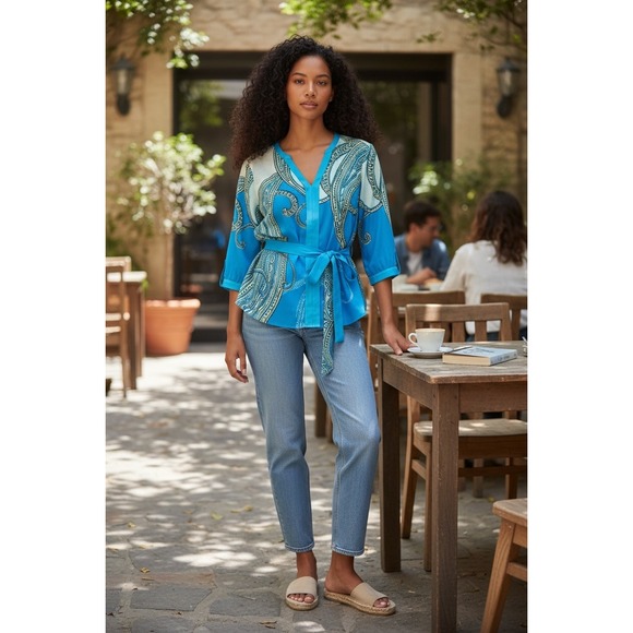 New York & Company Tops - New York & Company Blue Paisley 3/4 Sleeve Belted V-Neck Blouse Size M